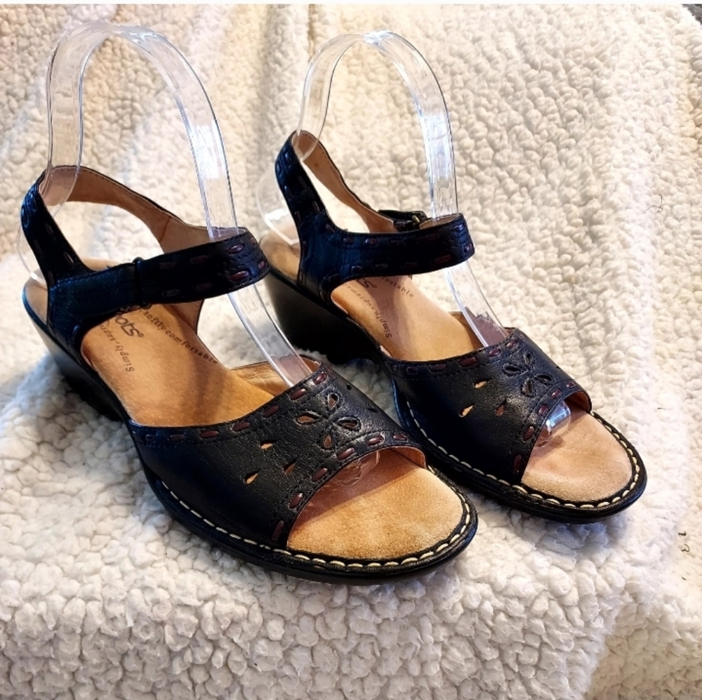 Softspots Womens 8.5 Black Leather NWOB Strap Slingback Wedge Heel Sanda…